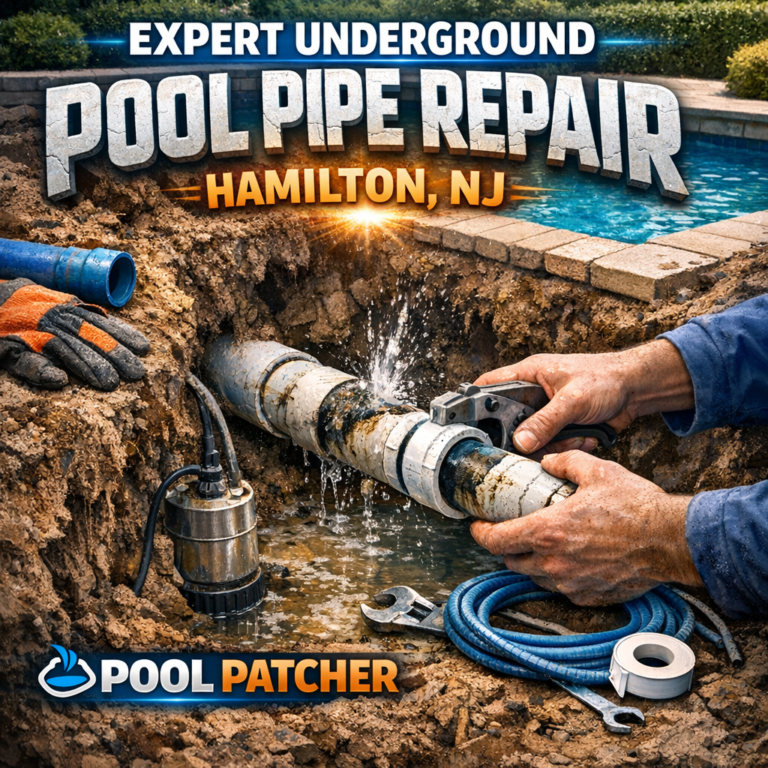 Technician performing underground pool pipe repair with tools in Hamilton, NJ.