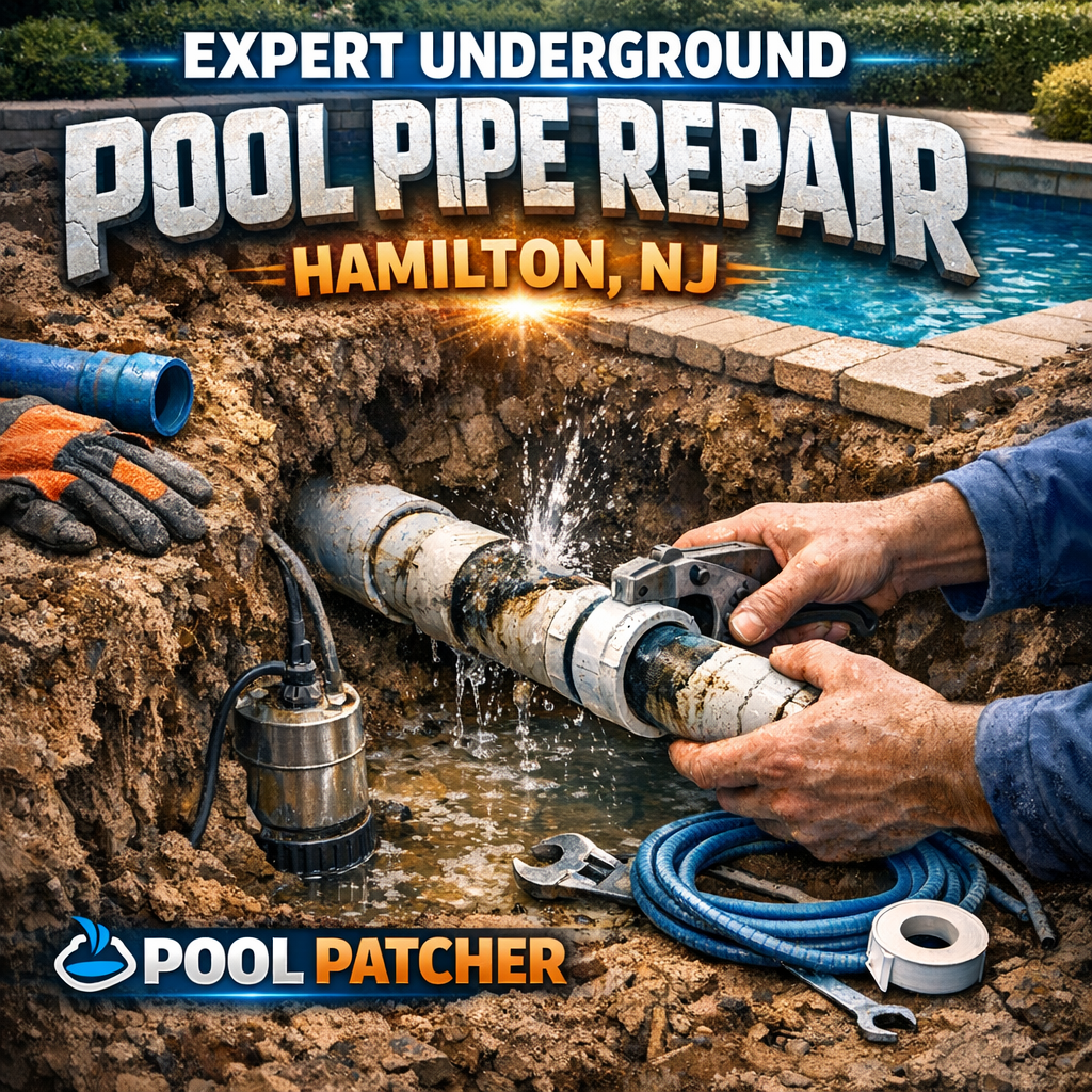 Technician performing underground pool pipe repair with tools in Hamilton, NJ.