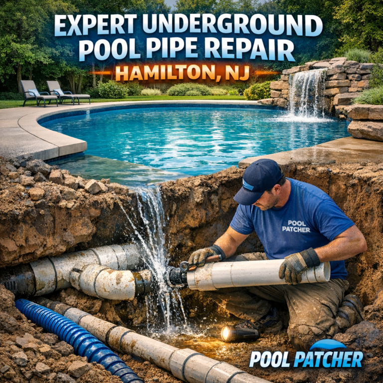 Technician performing underground pool pipe repair in Hamilton, NJ with specialized equipment and safety gear.