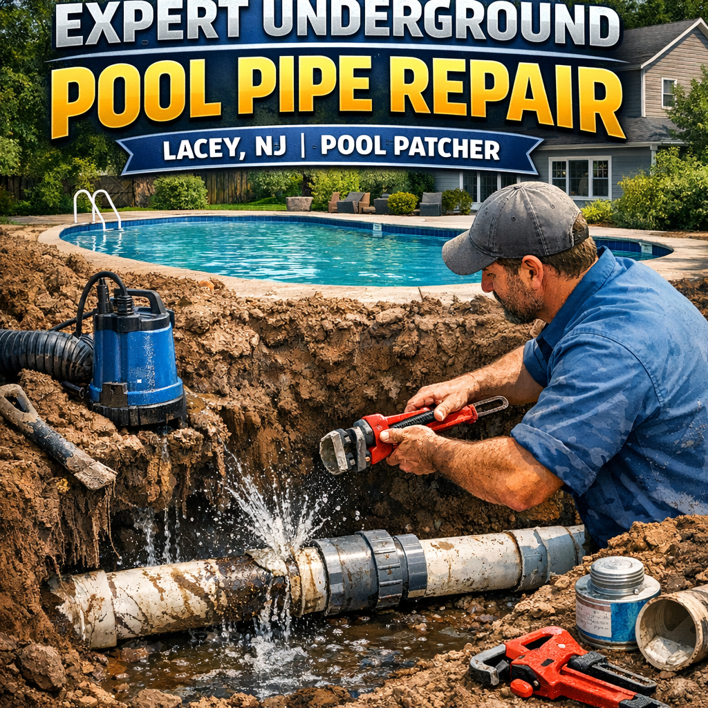 Professional repairing underground pool pipes with tools near a backyard pool in Lacey, NJ.