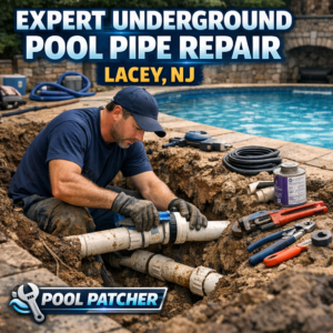 Technician repairing an underground pool pipe with specialized tools at a residential pool in Lacey, NJ.