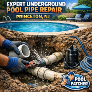 Technician repairing underground pool pipe using tools at a residential pool in Princeton, NJ.