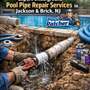 Technician repairing underground pool pipes using specialized tools in a residential backyard in Jackson, NJ.
