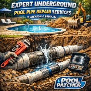 Technician repairing underground pool pipes with specialized tools near a residential pool in Jackson, NJ.
