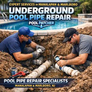 Technician repairing underground pool pipes with tools near a pool in Manalapan, NJ.