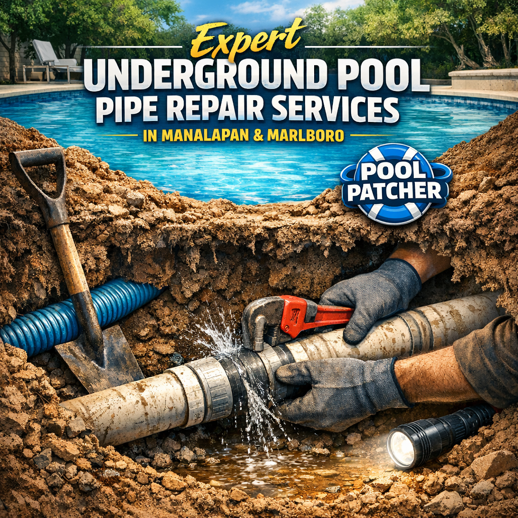 Technician repairing underground pool pipes with tools near a backyard pool in Manalapan and Marlboro.