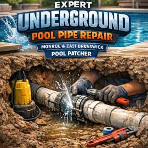 Technician repairing underground pool pipes with tools and equipment in a residential area.