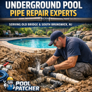 Technician repairing underground pool pipes with tools in a residential backyard in Old Bridge, NJ.