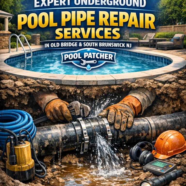 Technician inspecting underground pool pipes during repair in Old Bridge, NJ, with specialized equipment.