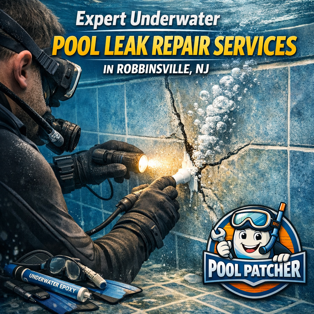 Technician repairing a pool leak underwater using specialized equipment in Robbinsville, NJ.