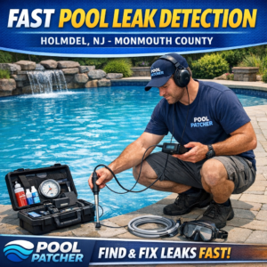 Technician performing pool leak detection using specialized equipment in a residential backyard in Holmdel, NJ.
