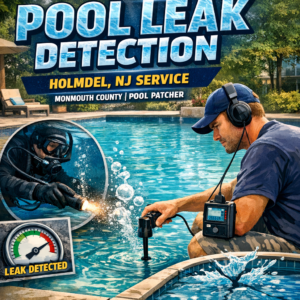 Technician using electronic equipment to detect a pool leak in a residential backyard pool in Holmdel, NJ.