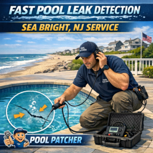 Technician using advanced equipment to detect pool leaks at a residential pool in Sea Bright, NJ.