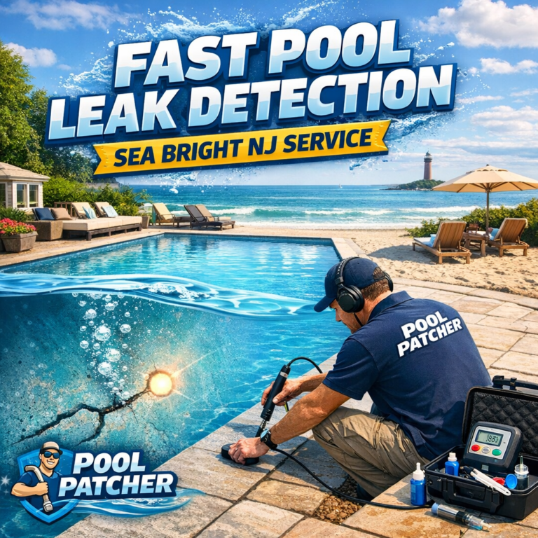 Technician using electronic equipment to detect a pool leak at an outdoor residential swimming pool.