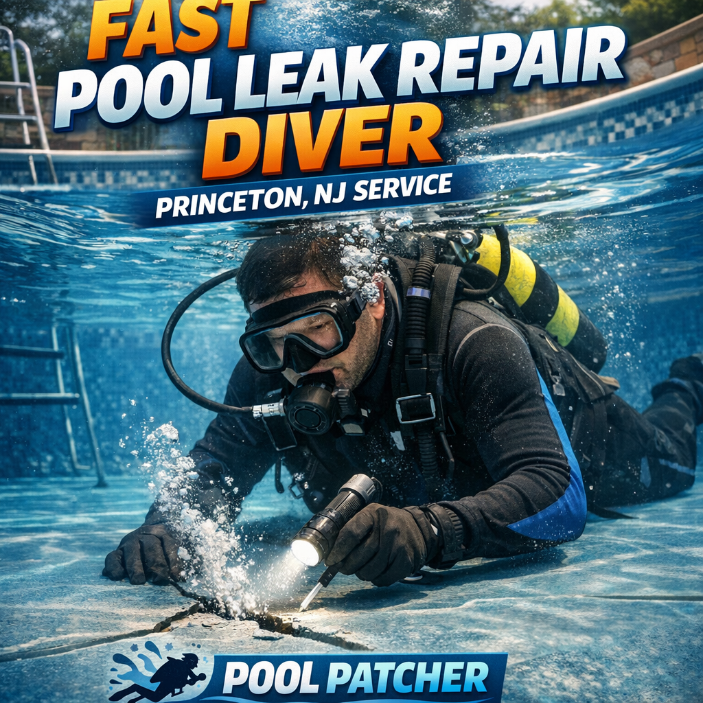 A professional diver repairing a pool leak underwater in Princeton, NJ.