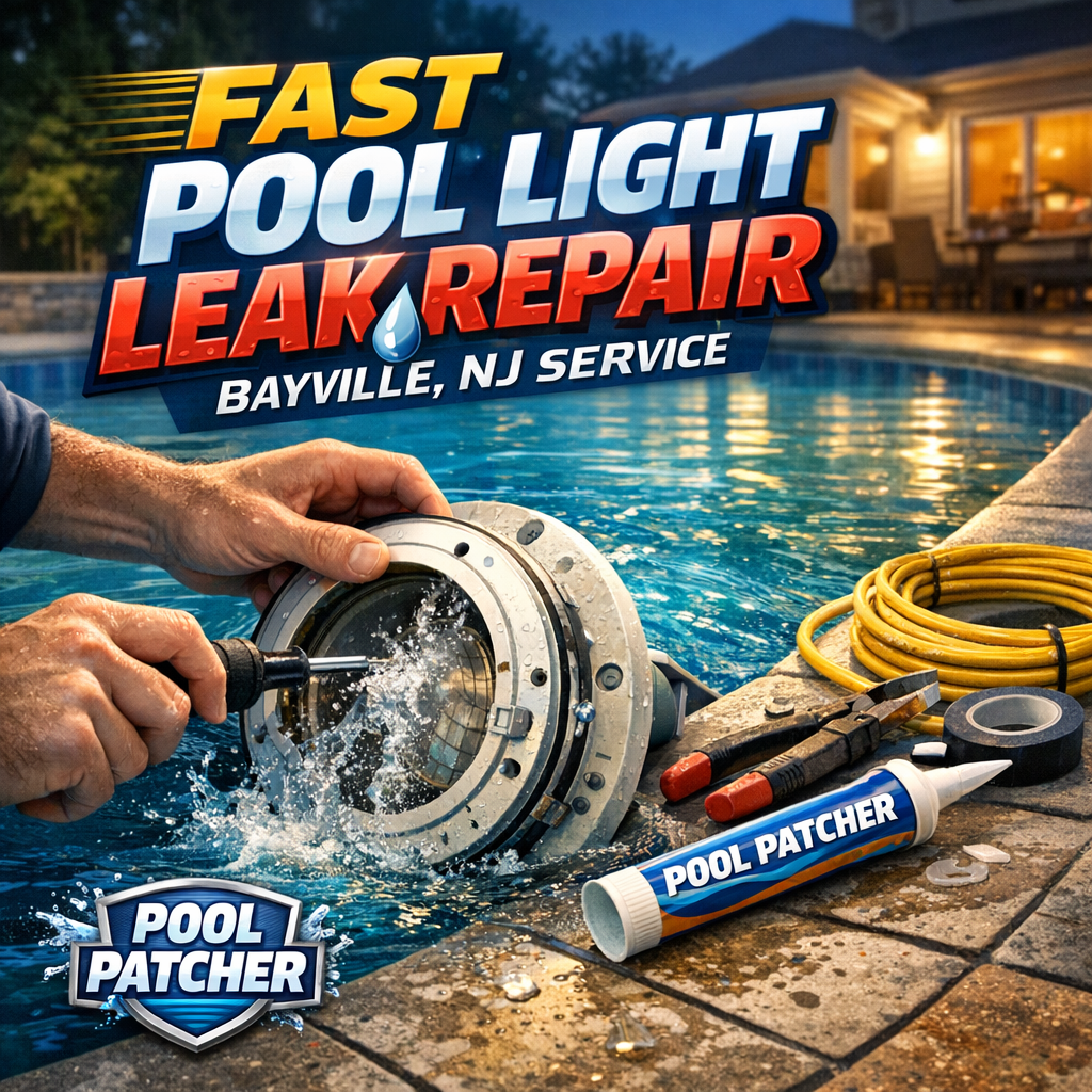 Technician repairing a pool light leak using specialized tools at a residential pool in Bayville, NJ.