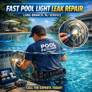 Technician repairing a pool light leak underwater with tools in a residential swimming pool in Long Branch, NJ.