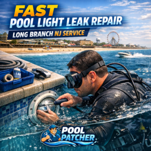 Technician repairing a pool light leak underwater with tools in a residential pool in Long Branch, NJ.