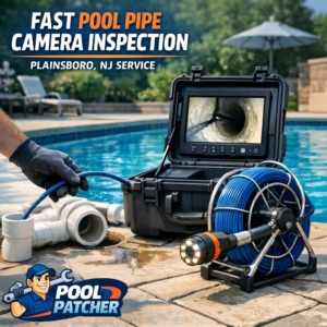 Close-up of a pool pipe camera inspecting plumbing in Plainsboro, NJ for a fast pool service.