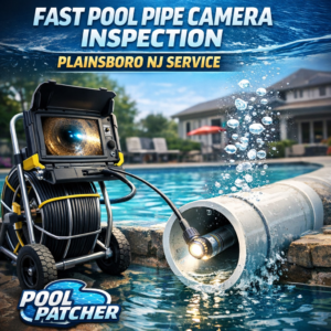 Close-up of a technician using a camera to inspect pool pipes during a service in Plainsboro, NJ.