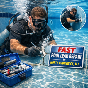 Diver performing underwater pool leak repair using specialist tools in a residential pool in North Brunswick, NJ.