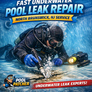 Expert diver repairing an underwater pool leak in North Brunswick, NJ, using specialized equipment.