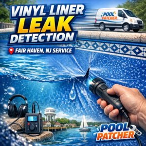 Technician inspecting a vinyl pool liner for leaks using specialized equipment in Fair Haven, NJ.