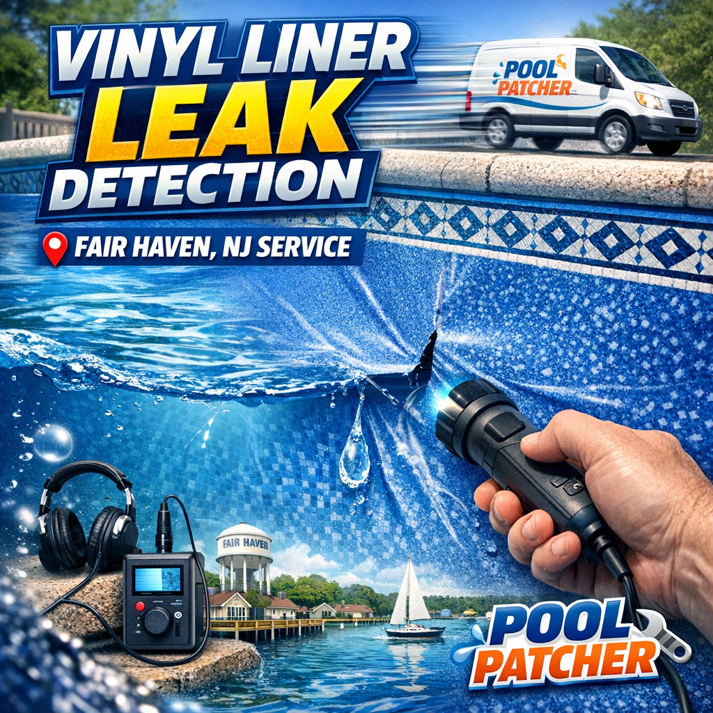 Technician inspecting a vinyl pool liner for leaks using specialized equipment in Fair Haven, NJ.