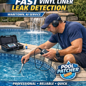 Technician using advanced equipment to detect leaks in a vinyl pool liner in Waretown, NJ.