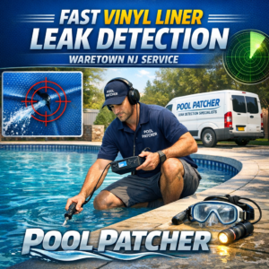 Technician using electronic equipment to detect leaks in a vinyl liner pool at a residential property.