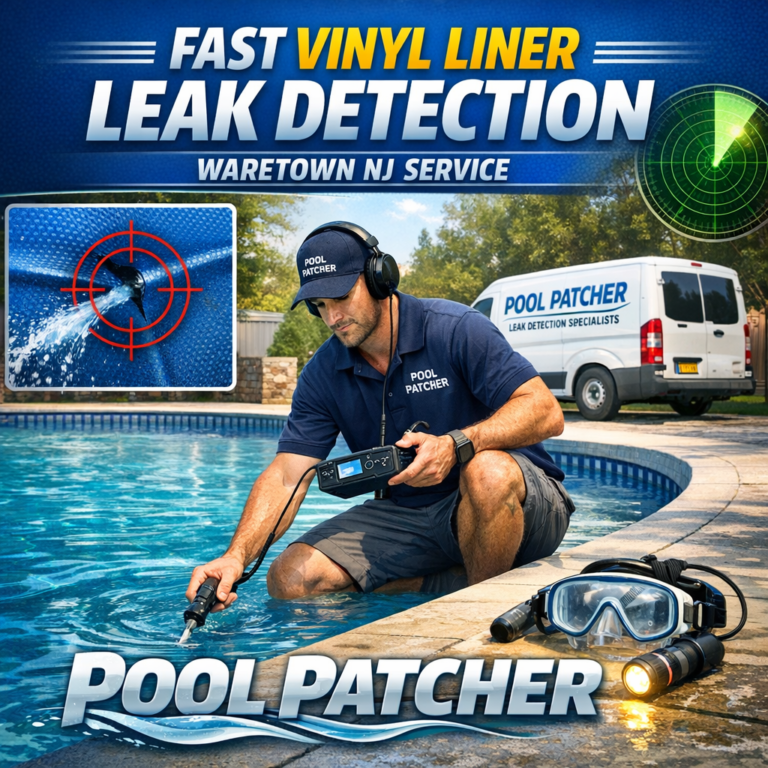 Technician using electronic equipment to detect leaks in a vinyl liner pool at a residential property.