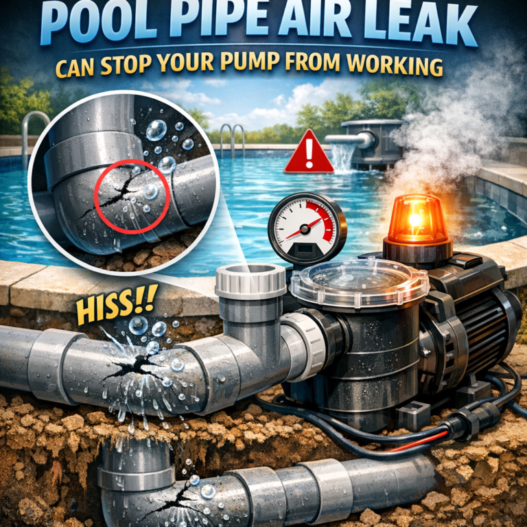 Diagram showing a pool pipe air leak causing pump malfunction with visible damage and warning signs.