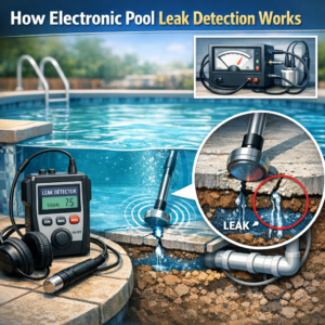 Diagram showing electronic equipment detecting leaks in underground pool plumbing pipes.