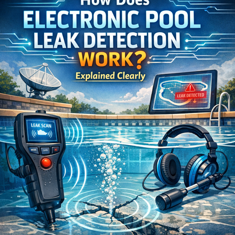 Diagram showing electronic pool leak detection with sensors and scanning devices around a swimming pool.