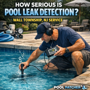 Technician using advanced equipment for professional pool leak detection in Wall Township, NJ backyard pool.