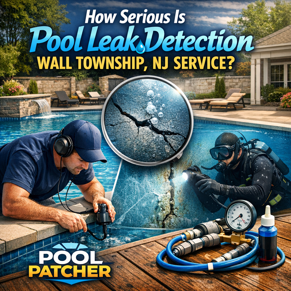 Technician inspecting a pool for leaks using electronic detection equipment in Wall Township, NJ.