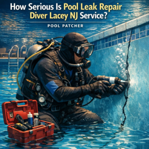 Professional diver repairing a pool leak underwater, patching the pool surface in Lacey, NJ.