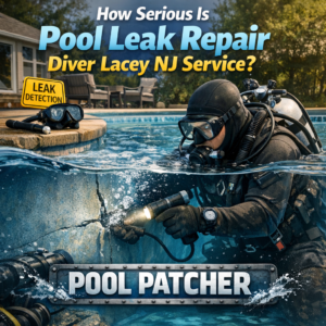 Technician using equipment to detect a pool leak in a backyard pool in Lacey, NJ.