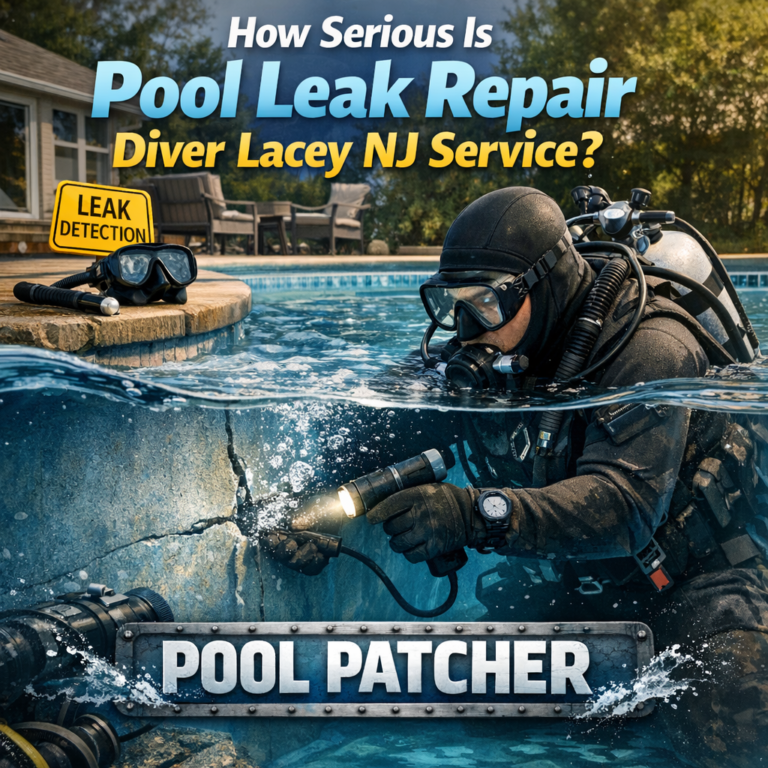 Technician using equipment to detect a pool leak in a backyard pool in Lacey, NJ.