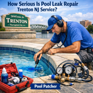 Professional technician repairing a pool leak, inspecting pool walls with equipment in Trenton, NJ.