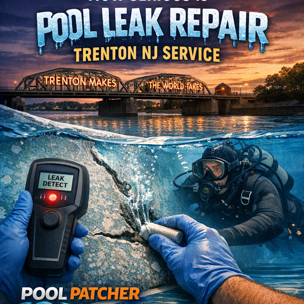 Technician performs underwater pool leak detection and repair in a residential pool.
