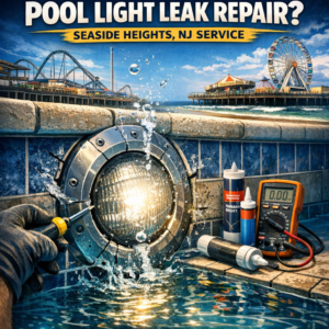 Technician repairing a pool light leak using specialized tools and equipment at a pool in Seaside Heights, NJ.