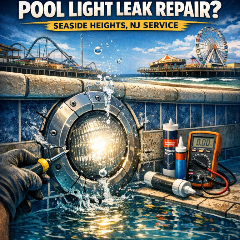 Technician repairing a pool light leak using specialized tools and equipment at a pool in Seaside Heights, NJ.