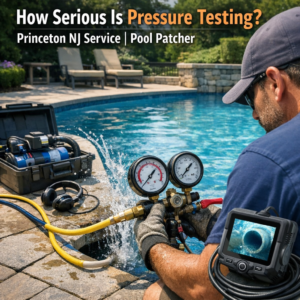 Technician performing professional pressure testing on a residential swimming pool in Princeton, NJ.