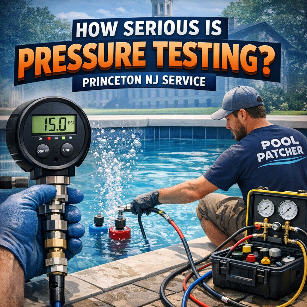 Technician performing pressure testing on a swimming pool system in Princeton, NJ, ensuring safe and efficient maintenance.