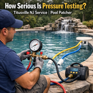 Technician performing professional pool pressure testing using specialized equipment in a residential backyard pool.