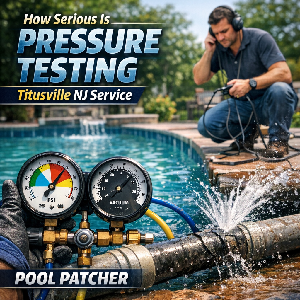Technician performing pressure testing on pool plumbing pipes using gauges and valves in Titusville, NJ.