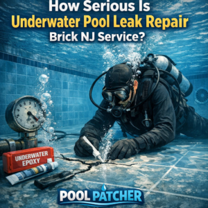 Technician repairing underwater pool leak in Brick, NJ using specialized epoxy for sealing cracks.