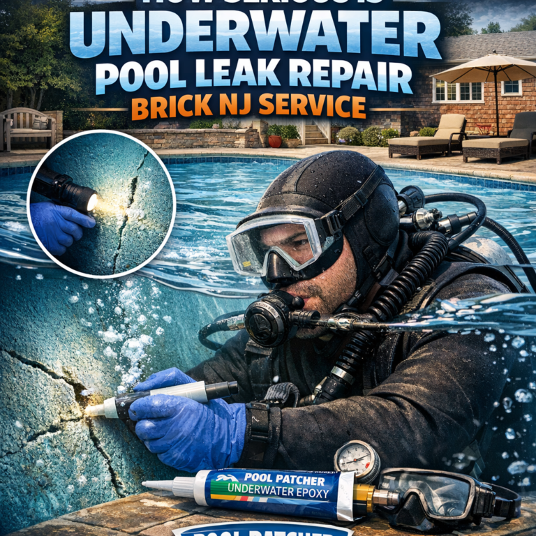 Professional diver applies epoxy underwater to repair a pool leak in Brick, NJ.