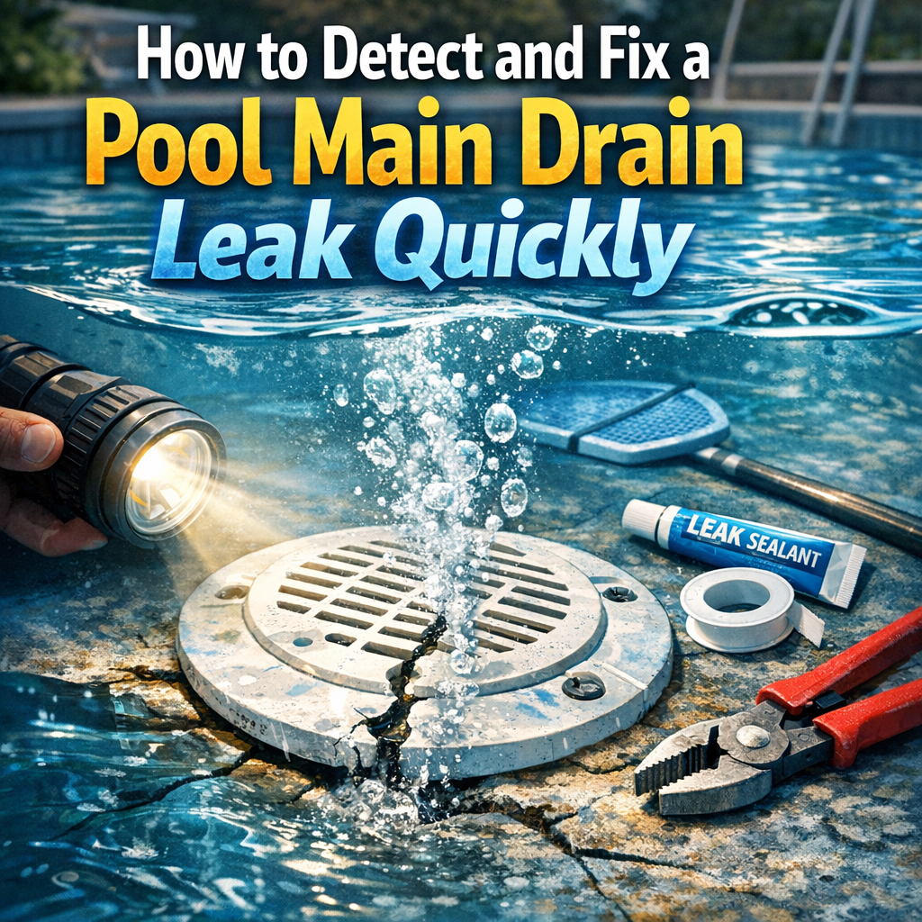 Tools and sealant beside a pool drain, illustrating how to detect and fix a main drain leak quickly.